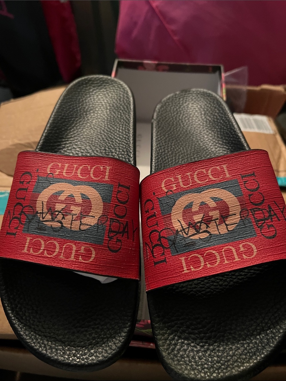 Gucci Red Logo Men's Slide Sandals with Black Footbed
